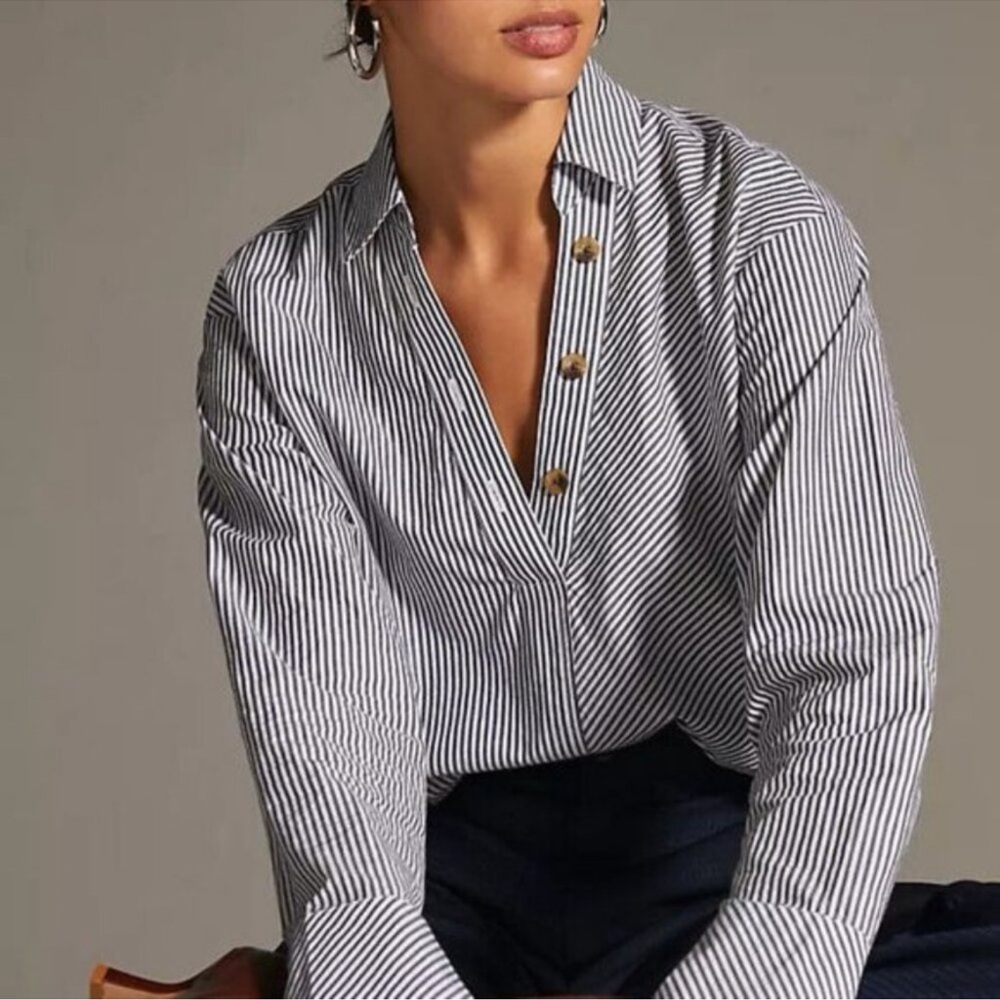 Maeve by Anthropologies Blue and White Henley Striped Popover Shirt